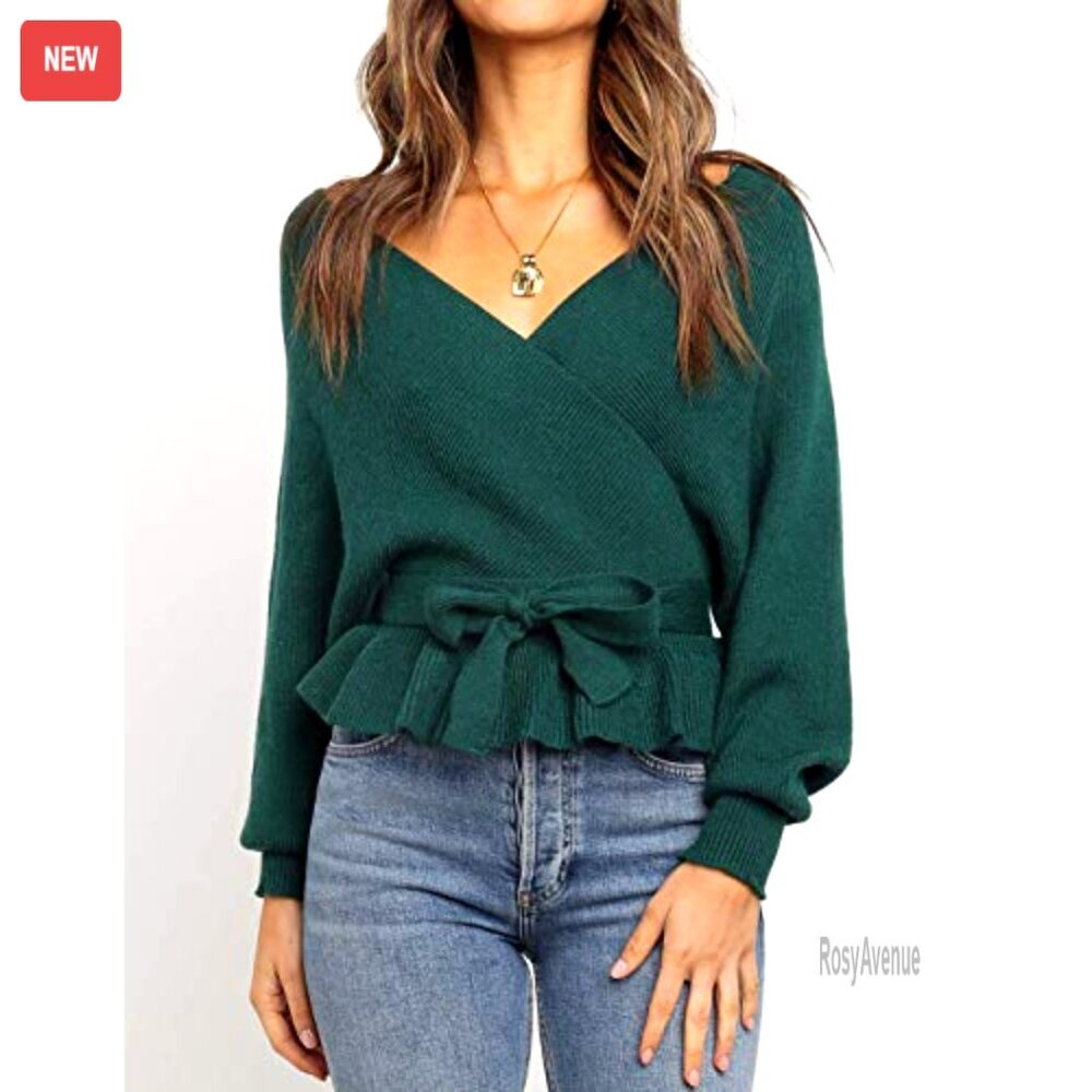 Wrap V Neck Batwing Sleeve Belted Knit Sweater Top Size S-XL - Picture 2 of 7